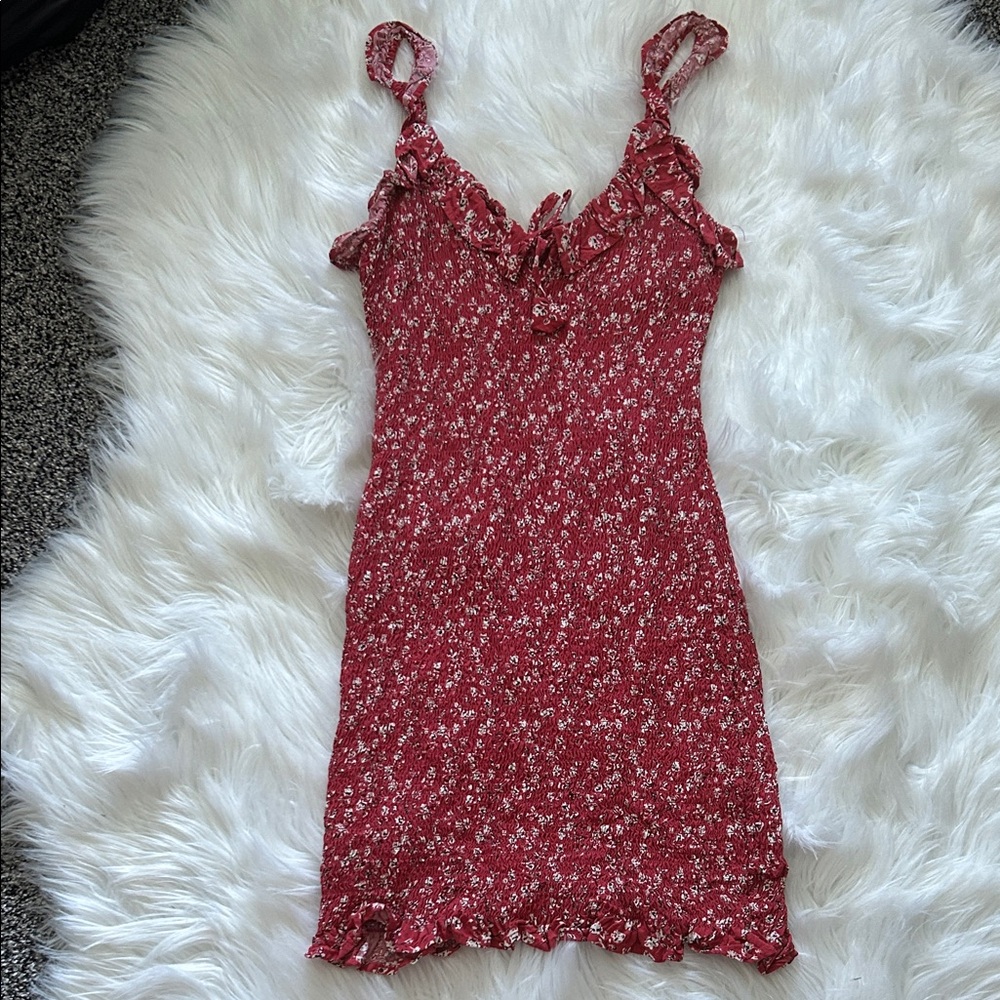 Chic Red Floral Mini Dress with Ruffle Straps